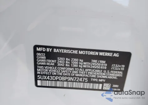 2023 BMW X3 Sdrive30I из США, поврежденный, VIN 5UX43DP08P9N72475